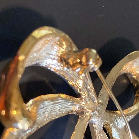 Vintage Bow Brooch Pin Signed Roman Estate Textured Gold Tone Metal Rhinestone R - Picture 14 of 16